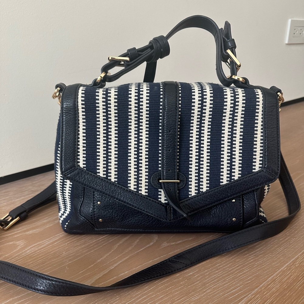 TORY BURCH Medium 797 Satchel | Navy Blue & Cream Woven Satchel